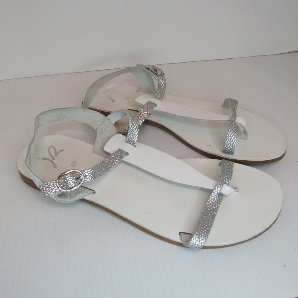 JR Made in Italy White Leather Sling Back T Strap Sandals